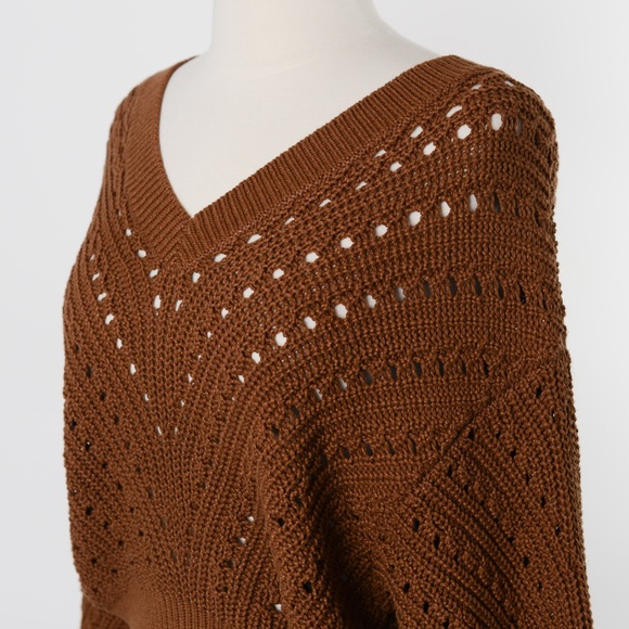 NEW Express Open Stitch Double V-Neck Dolman Sleeve Brown Sweater - Picture 4 of 7